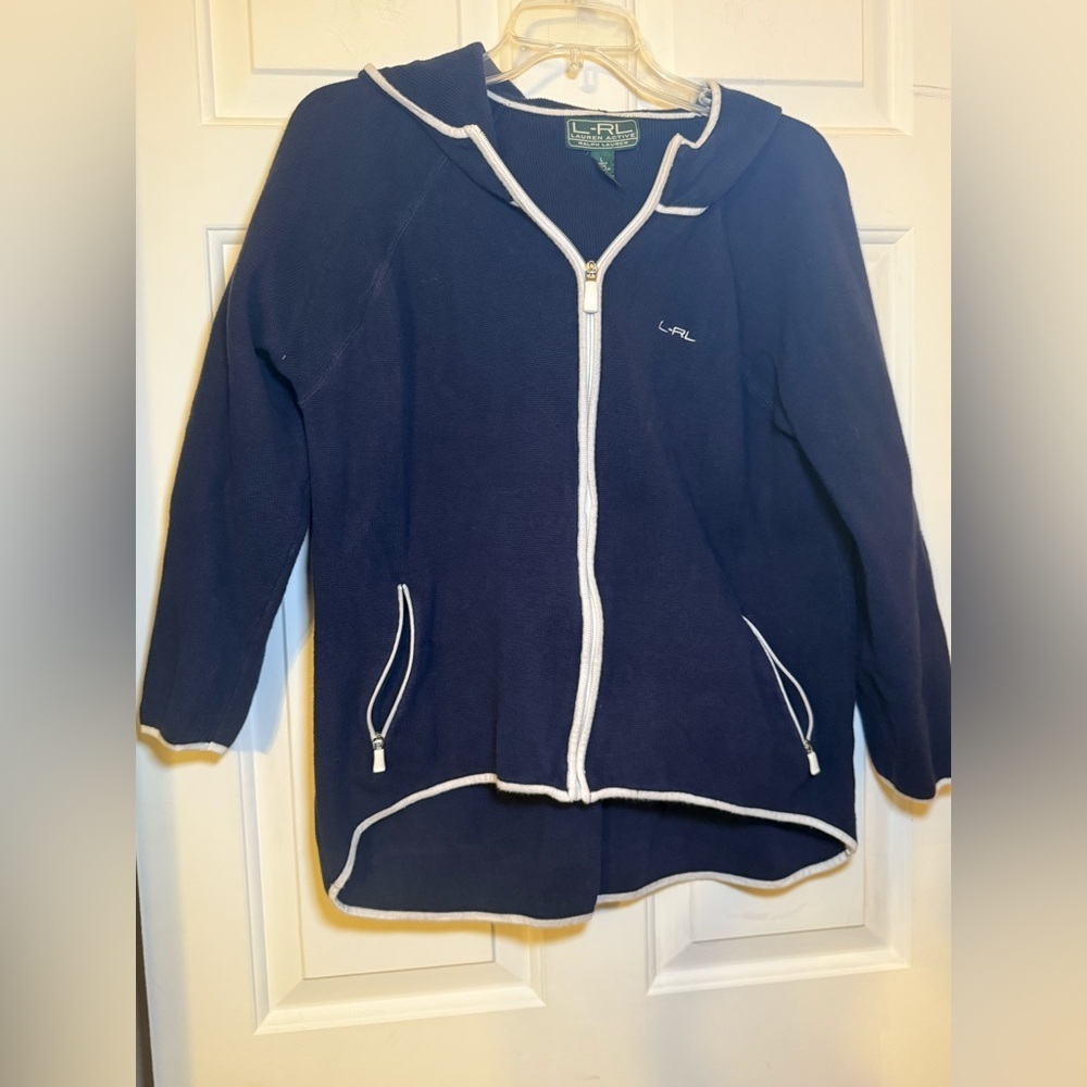 Lauren Active Ralph Lauren Navy Zip Hoodie Sweater White Contrast Large Cotton